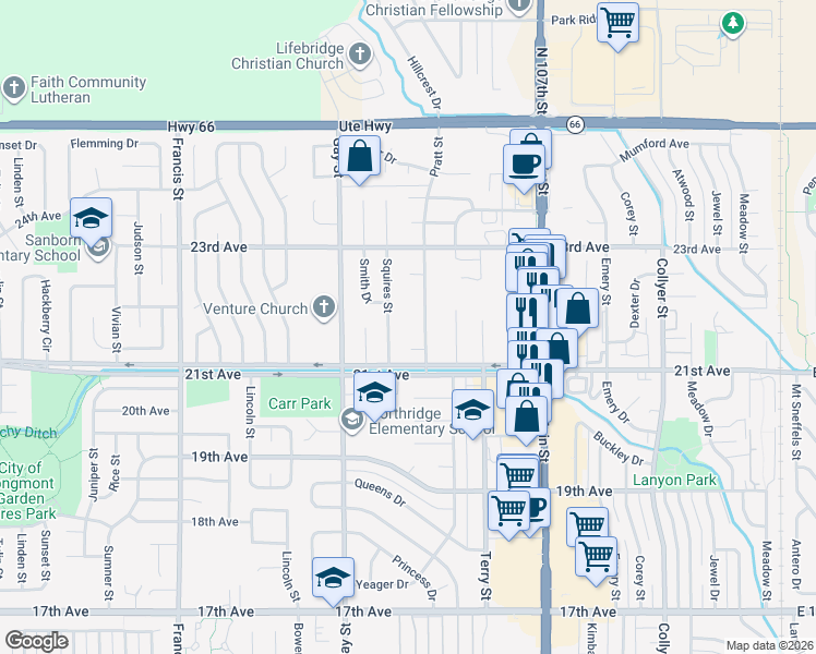 map of restaurants, bars, coffee shops, grocery stores, and more near 2130 Squires Street in Longmont
