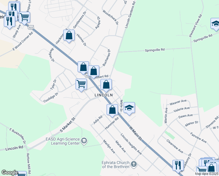 map of restaurants, bars, coffee shops, grocery stores, and more near 40 North Market Street in Ephrata