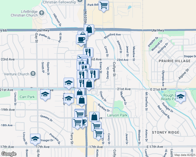 map of restaurants, bars, coffee shops, grocery stores, and more near 2139 Emery Street in Longmont