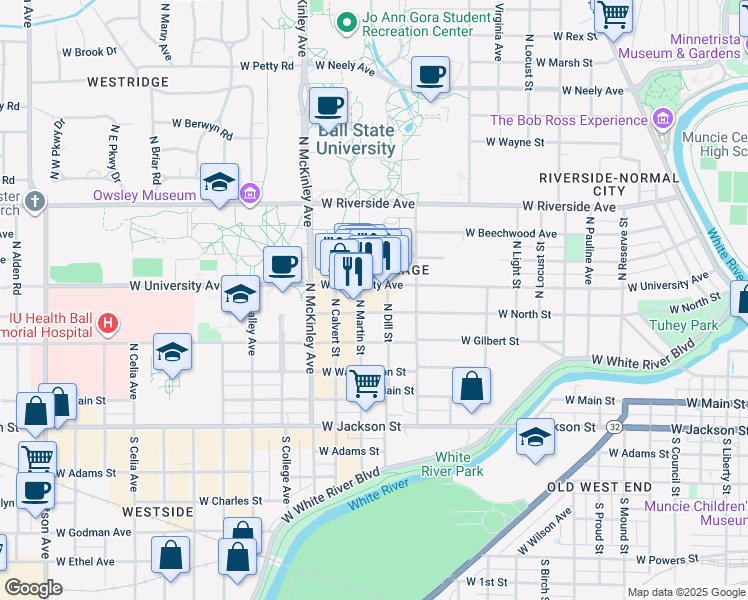 map of restaurants, bars, coffee shops, grocery stores, and more near 1623 West University Avenue in Muncie