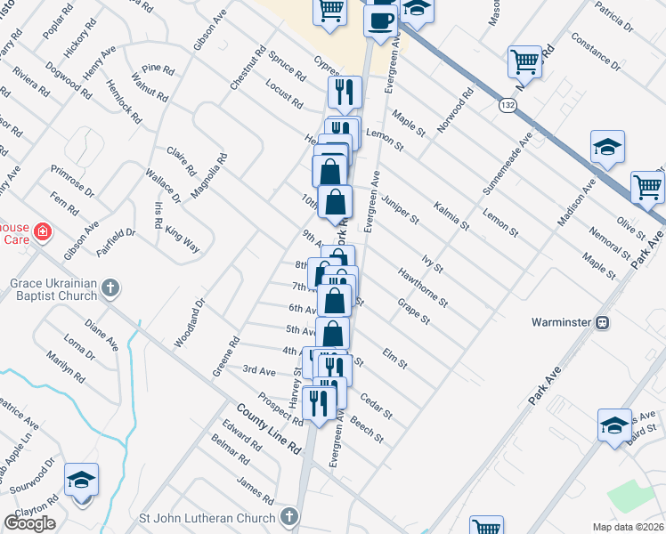 map of restaurants, bars, coffee shops, grocery stores, and more near 240 York Road in Warminster