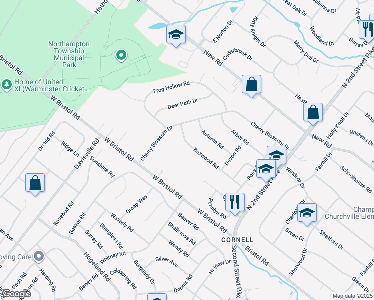 map of restaurants, bars, coffee shops, grocery stores, and more near 48 Boxwood Road in Churchville