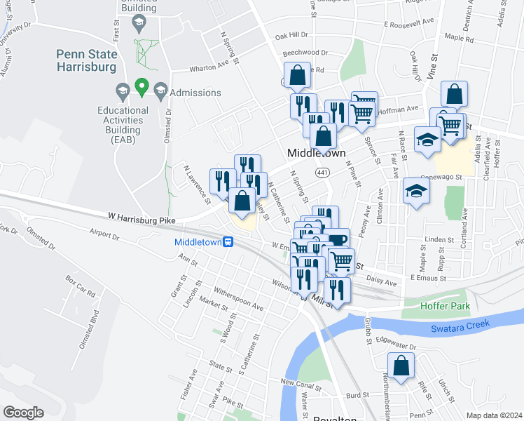 map of restaurants, bars, coffee shops, grocery stores, and more near Nissley St & W Water St in Middletown