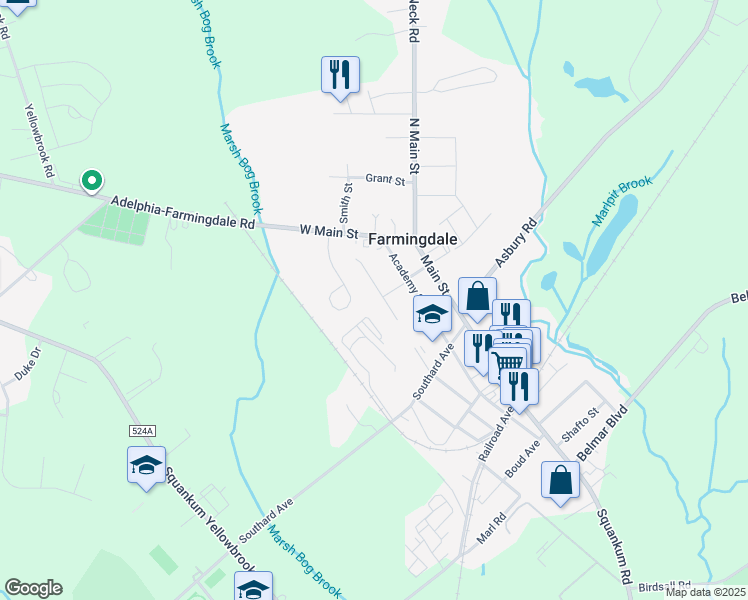 map of restaurants, bars, coffee shops, grocery stores, and more near 51 Walnut Street in Farmingdale