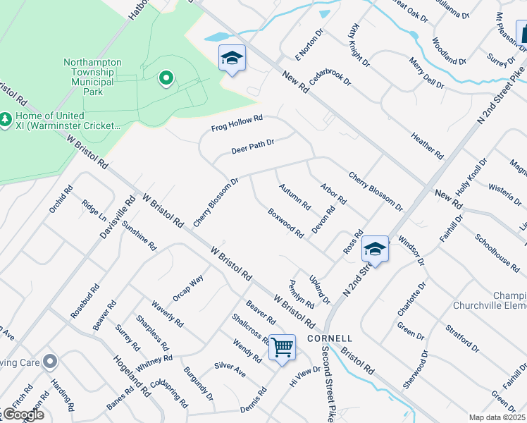 map of restaurants, bars, coffee shops, grocery stores, and more near 56 Boxwood Road in Churchville