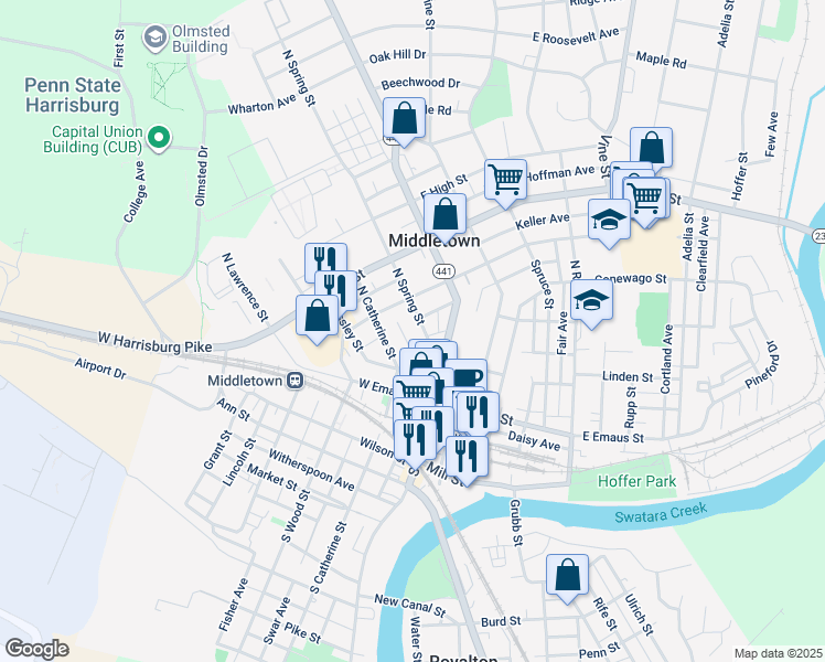map of restaurants, bars, coffee shops, grocery stores, and more near 164 North Catherine Street in Middletown