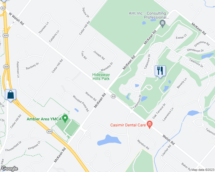map of restaurants, bars, coffee shops, grocery stores, and more near 734 McKean Road in Ambler