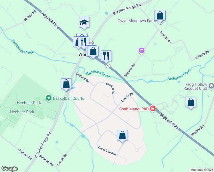map of restaurants, bars, coffee shops, grocery stores, and more near 2930 Clyston Road in Norristown