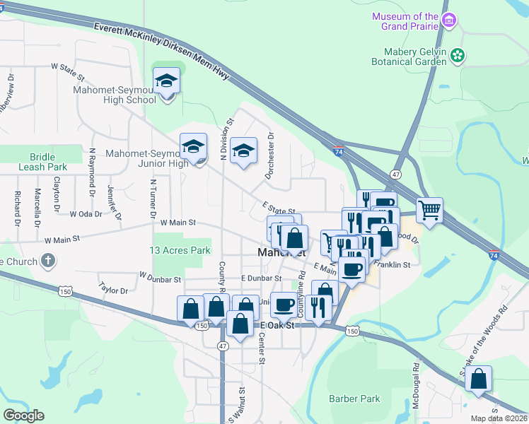 map of restaurants, bars, coffee shops, grocery stores, and more near 210 Augusta Street in Mahomet