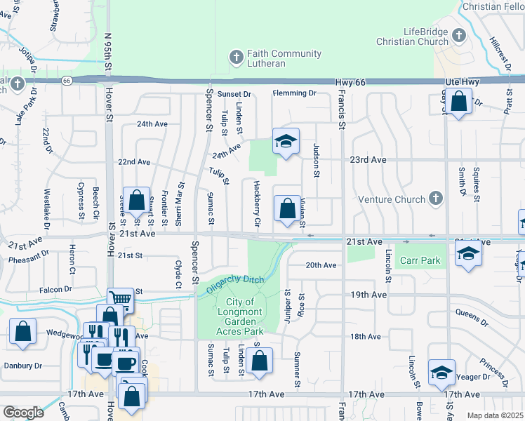 map of restaurants, bars, coffee shops, grocery stores, and more near 2115 Hackberry Circle in Longmont