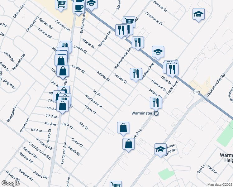 map of restaurants, bars, coffee shops, grocery stores, and more near 345 Juniper Street in Warminster