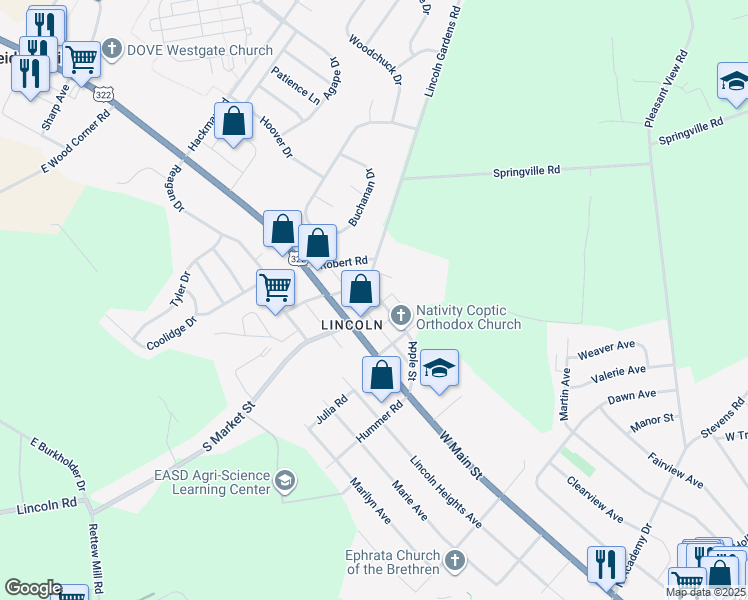 map of restaurants, bars, coffee shops, grocery stores, and more near 40 North Market Street in Ephrata