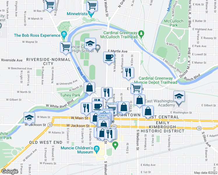 map of restaurants, bars, coffee shops, grocery stores, and more near 110 East Wysor Street in Muncie