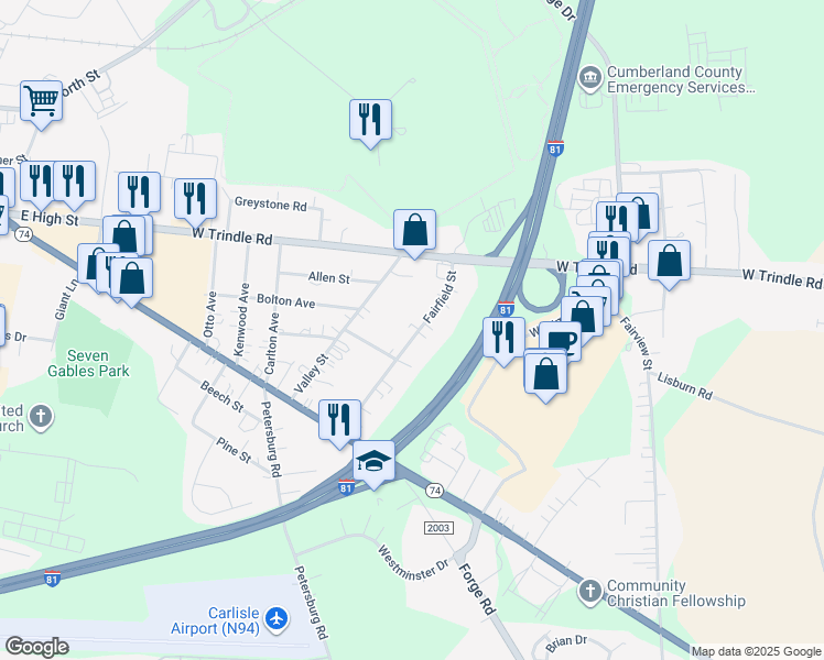 map of restaurants, bars, coffee shops, grocery stores, and more near 32 Fairfield Street in Carlisle