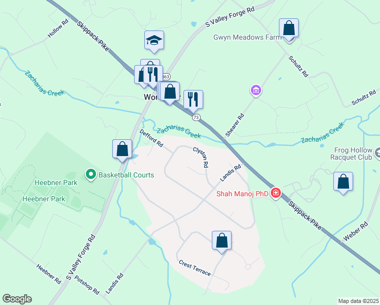 map of restaurants, bars, coffee shops, grocery stores, and more near 2930 Clyston Road in Norristown