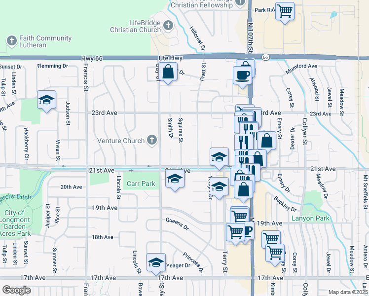 map of restaurants, bars, coffee shops, grocery stores, and more near 2130 Squires Street in Longmont