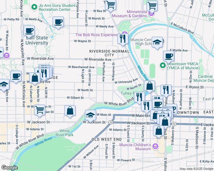 map of restaurants, bars, coffee shops, grocery stores, and more near 814 West North Street in Muncie
