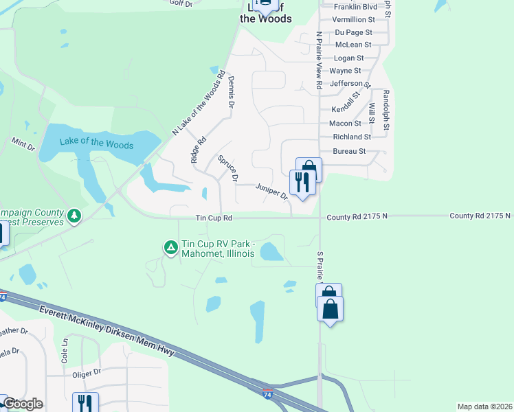 map of restaurants, bars, coffee shops, grocery stores, and more near 101 Red Bud Court in Mahomet