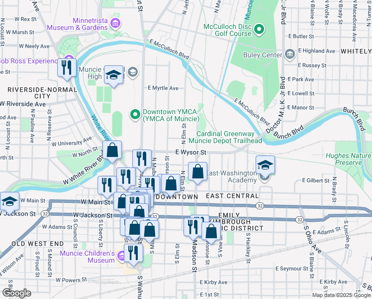 map of restaurants, bars, coffee shops, grocery stores, and more near 333 East Wysor Street in Muncie
