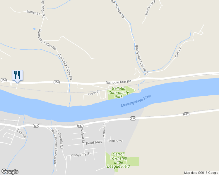 map of restaurants, bars, coffee shops, grocery stores, and more near 2216 Gallatin Road in Monongahela