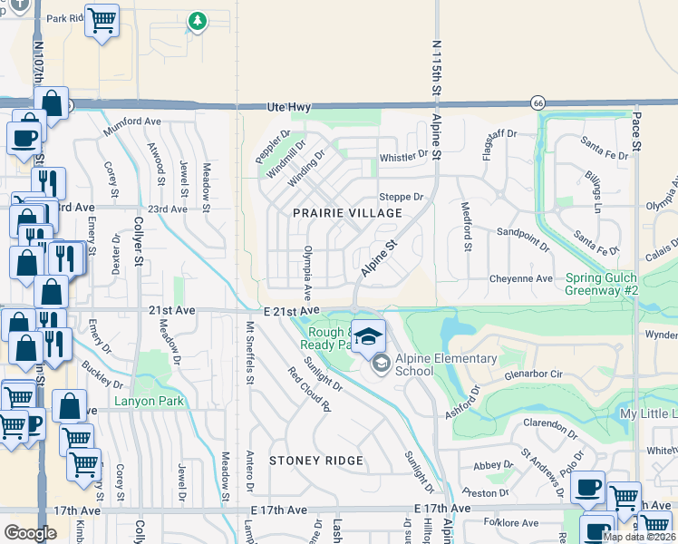 map of restaurants, bars, coffee shops, grocery stores, and more near 2178 Steppe Drive in Longmont