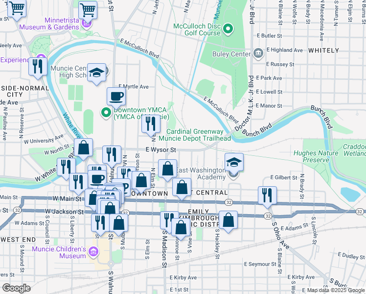 map of restaurants, bars, coffee shops, grocery stores, and more near 600 East Wysor Street in Muncie