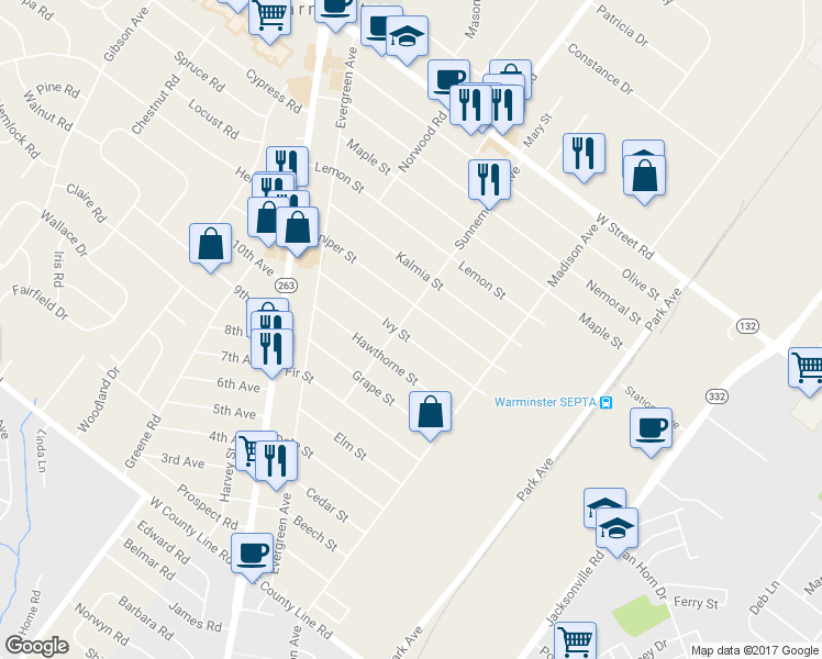 map of restaurants, bars, coffee shops, grocery stores, and more near 395 Ivy Street in Warminster