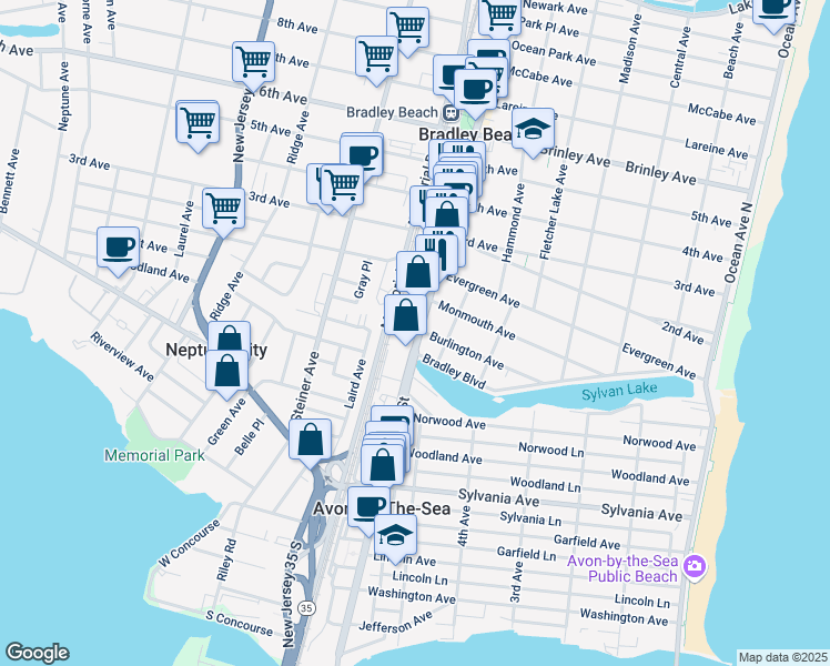 map of restaurants, bars, coffee shops, grocery stores, and more near 7 Main Street in Bradley Beach