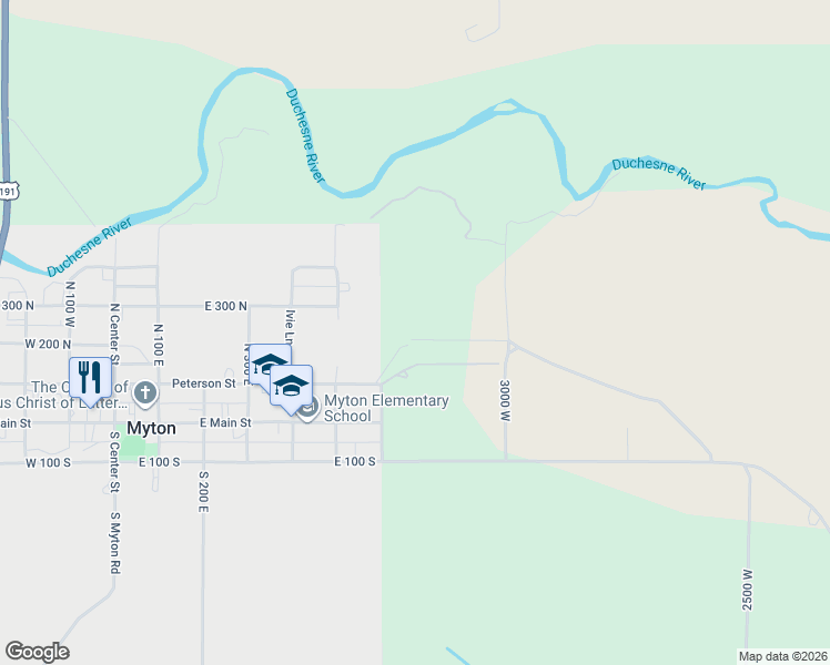map of restaurants, bars, coffee shops, grocery stores, and more near 3196 West 7200 South in Myton