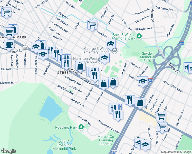 map of restaurants, bars, coffee shops, grocery stores, and more near 2118 Genesee Street in Hamilton Township