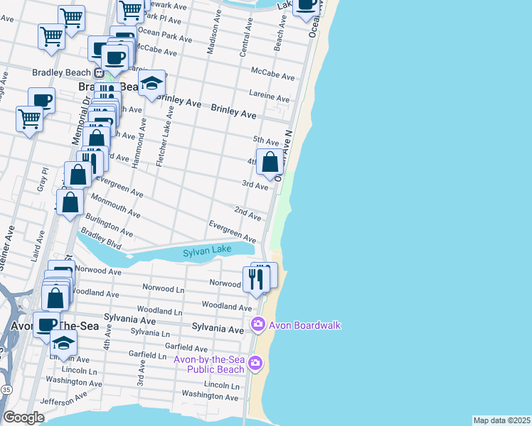 map of restaurants, bars, coffee shops, grocery stores, and more near 100 Ocean Avenue North in Bradley Beach