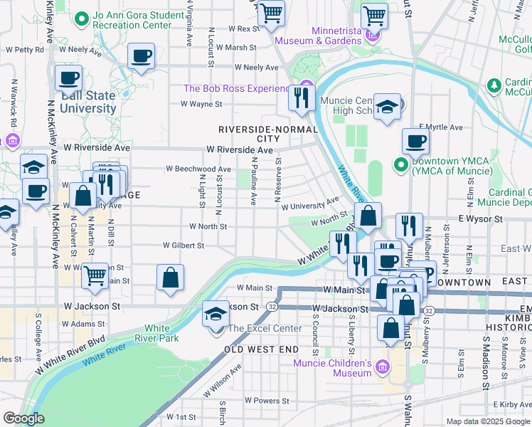 map of restaurants, bars, coffee shops, grocery stores, and more near 811 West University Avenue in Muncie
