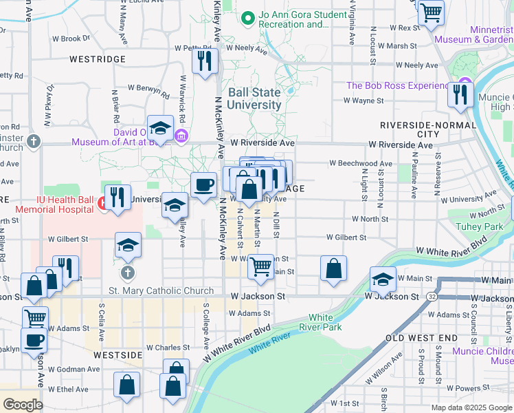 map of restaurants, bars, coffee shops, grocery stores, and more near North Martin Street in Muncie