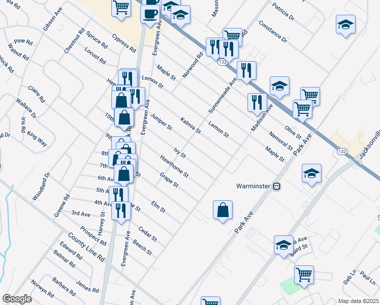 map of restaurants, bars, coffee shops, grocery stores, and more near 395 Ivy Street in Warminster