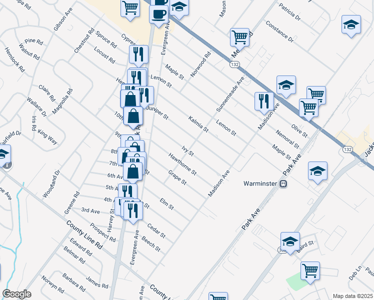 map of restaurants, bars, coffee shops, grocery stores, and more near 404 Ivy Street in Warminster