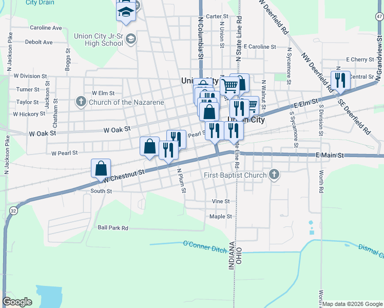 map of restaurants, bars, coffee shops, grocery stores, and more near 304 West Chestnut Street in Union City