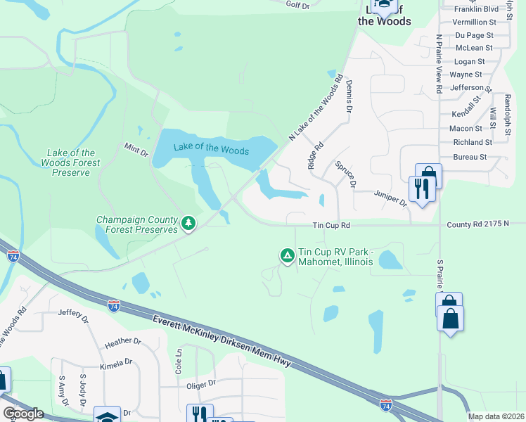 map of restaurants, bars, coffee shops, grocery stores, and more near 1726 Tin Cup Road in Mahomet
