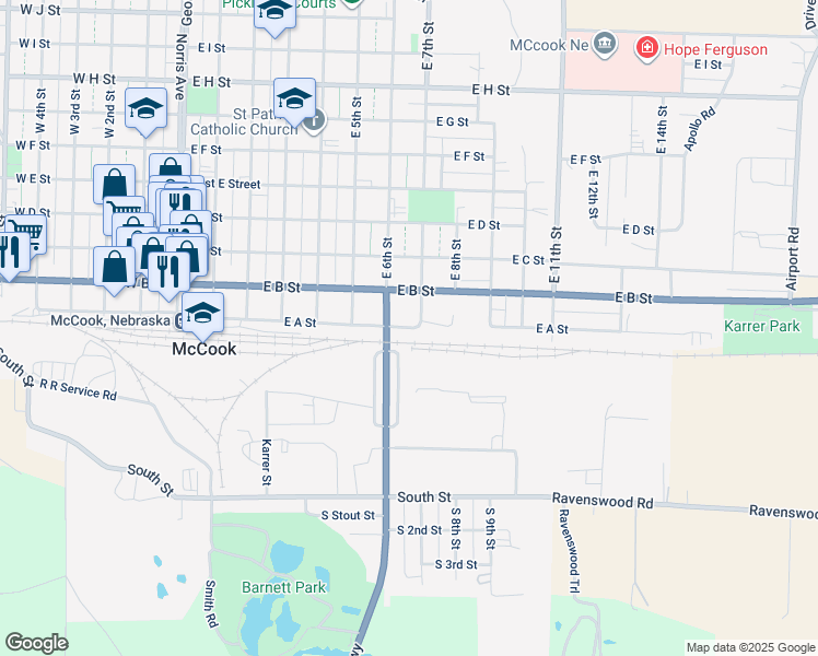 map of restaurants, bars, coffee shops, grocery stores, and more near 752 East A Street in McCook