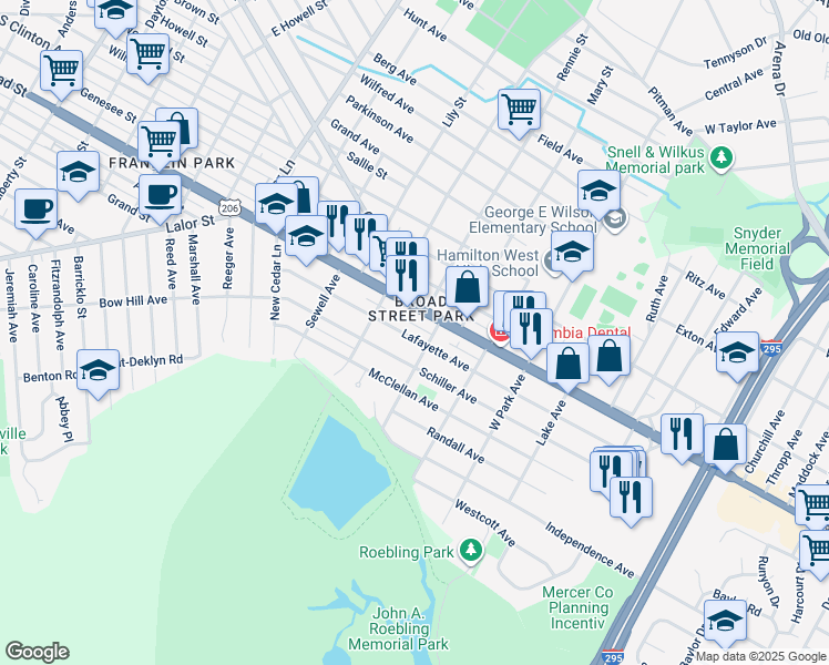 map of restaurants, bars, coffee shops, grocery stores, and more near 254 Lafayette Avenue in Hamilton Township