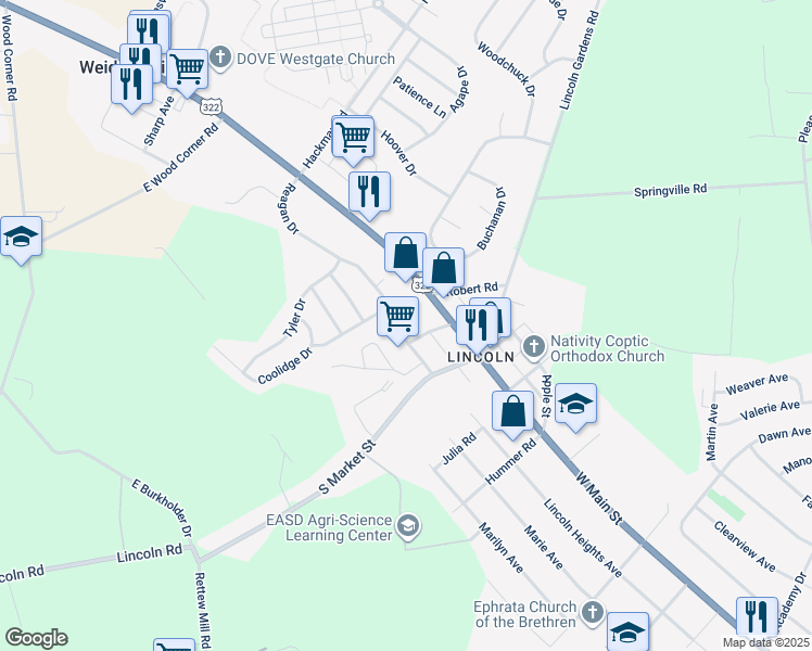 map of restaurants, bars, coffee shops, grocery stores, and more near 1514 Lincoln Heights Avenue in Ephrata