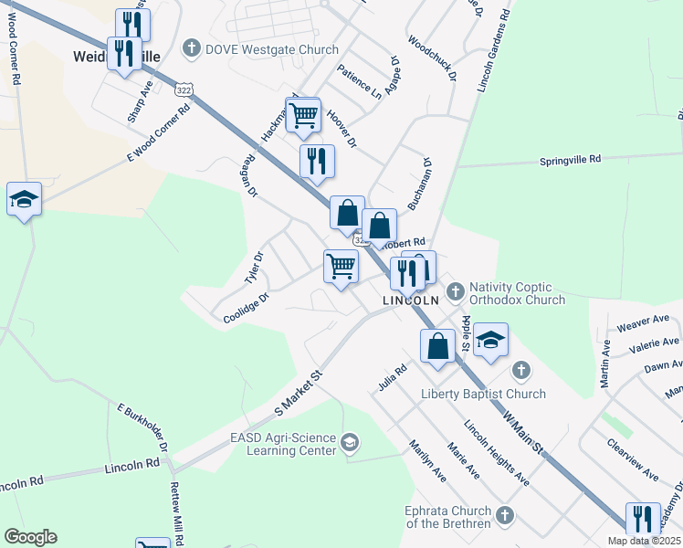map of restaurants, bars, coffee shops, grocery stores, and more near 1514 Lincoln Heights Avenue in Ephrata