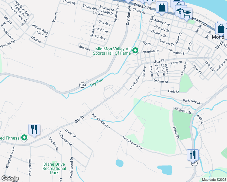 map of restaurants, bars, coffee shops, grocery stores, and more near 1362 4th Street in Monongahela