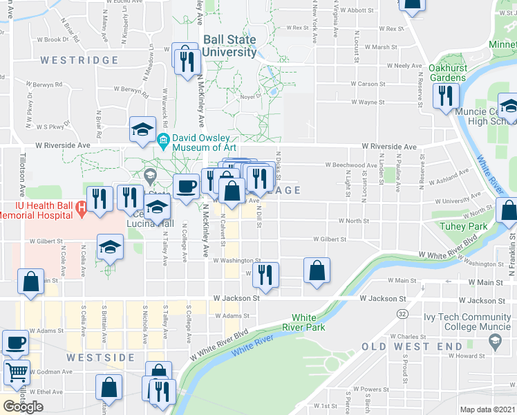 map of restaurants, bars, coffee shops, grocery stores, and more near 467 North Dill Street in Muncie