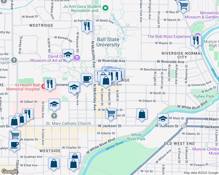 map of restaurants, bars, coffee shops, grocery stores, and more near 498 North Martin Street in Muncie