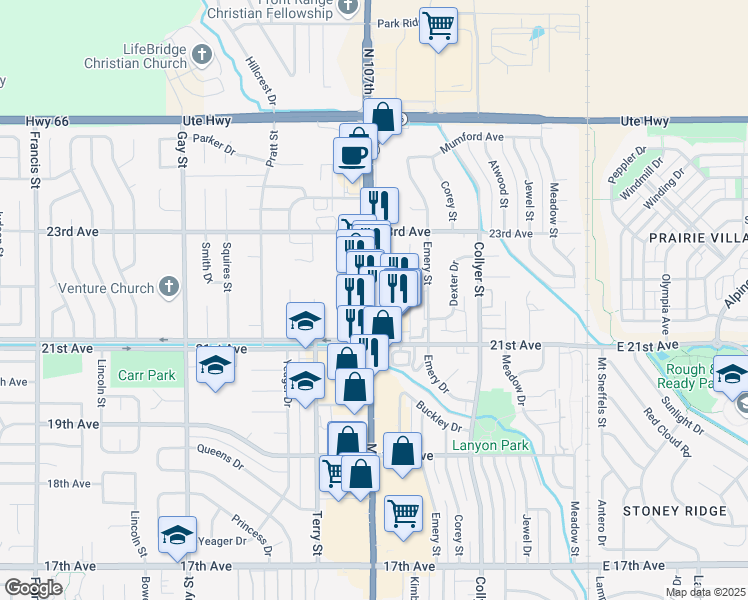 map of restaurants, bars, coffee shops, grocery stores, and more near 2210 Main Street in Longmont