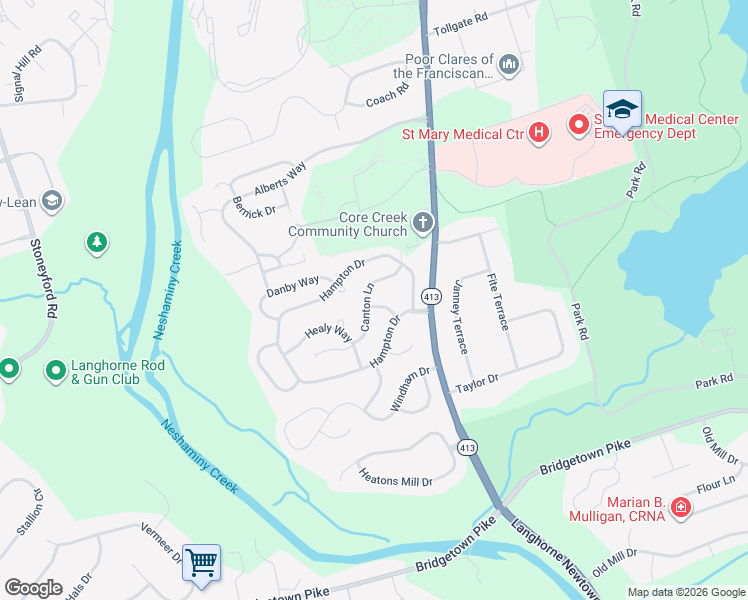 map of restaurants, bars, coffee shops, grocery stores, and more near 41 Canton Lane in Langhorne