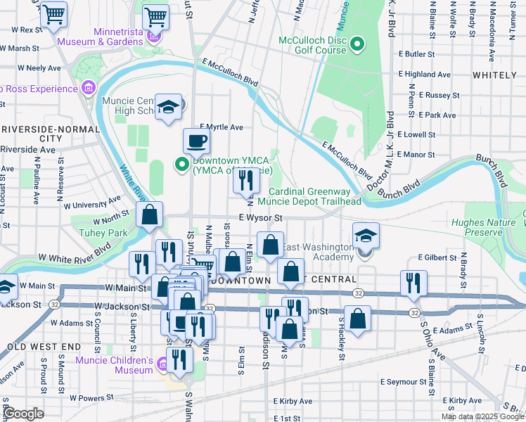 map of restaurants, bars, coffee shops, grocery stores, and more near 501-561 East Wysor Street in Muncie