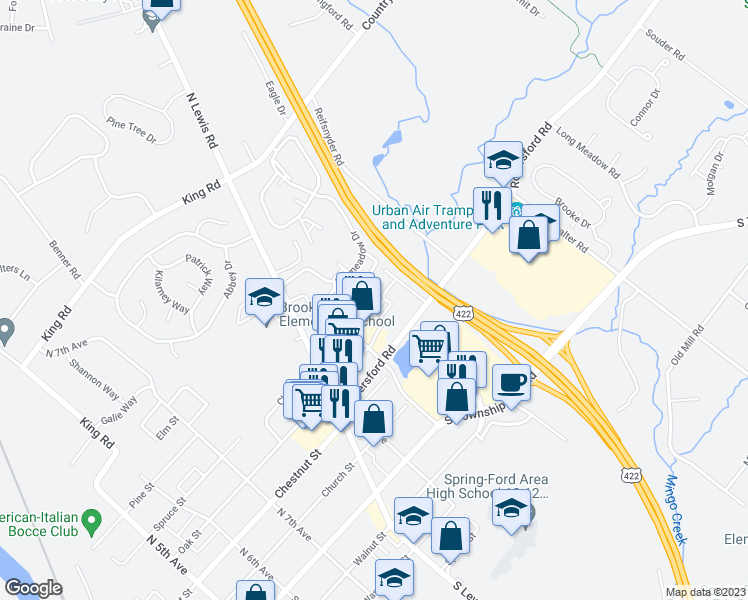 map of restaurants, bars, coffee shops, grocery stores, and more near 214 Lakeview Drive in Royersford