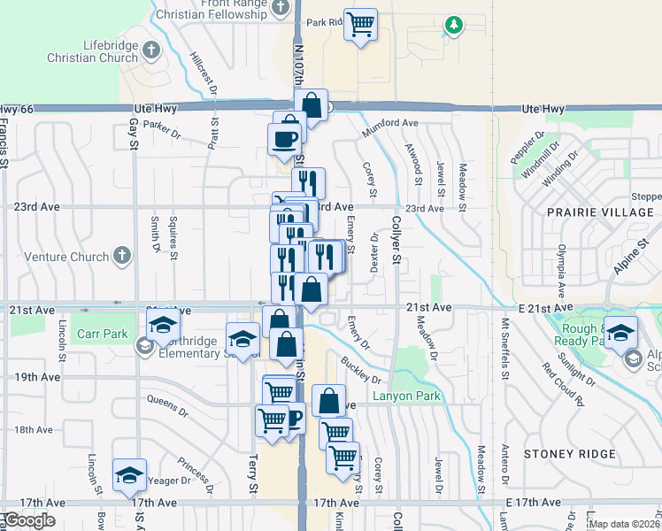 map of restaurants, bars, coffee shops, grocery stores, and more near 2139 Emery Street in Longmont