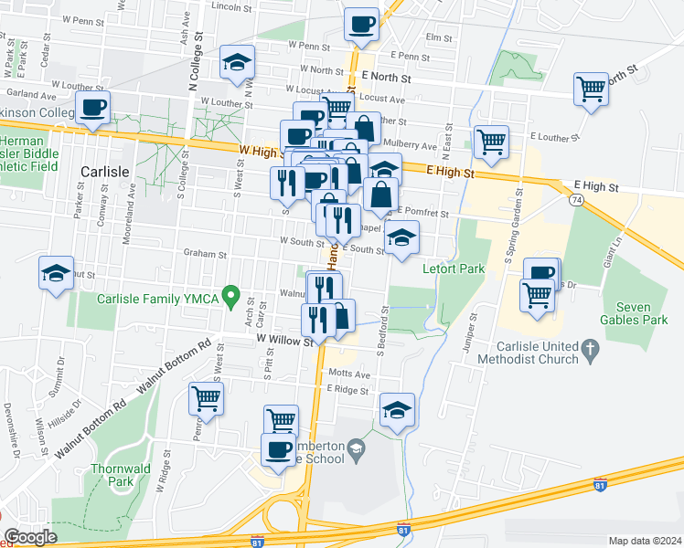 map of restaurants, bars, coffee shops, grocery stores, and more near 237 South Hanover Street in Carlisle